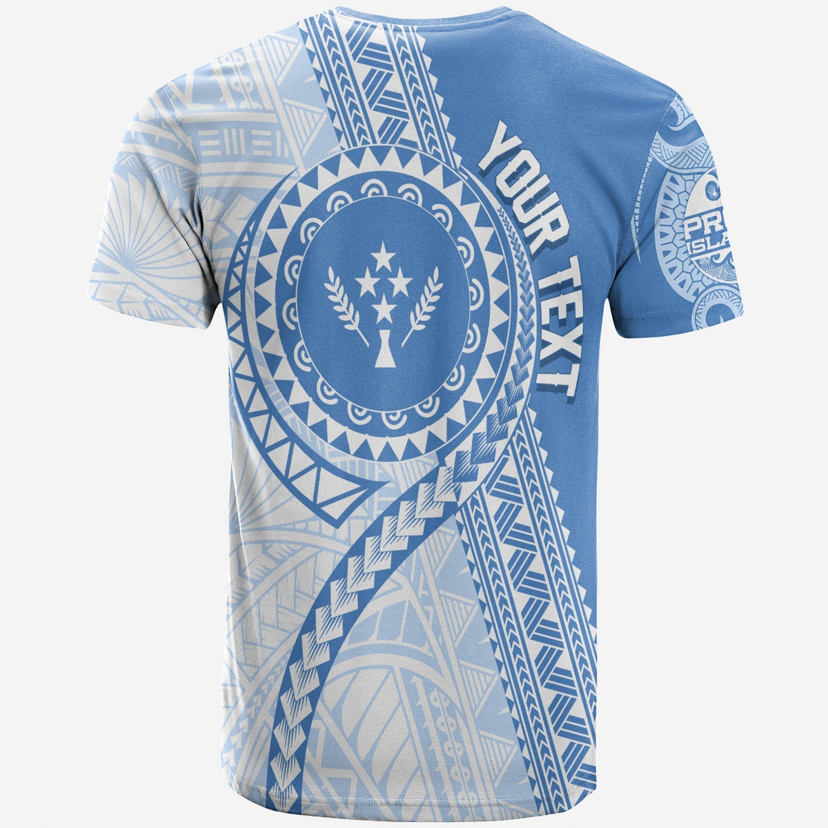 Cerulean T-shirt back with circular Kosrae emblem and large geometric print