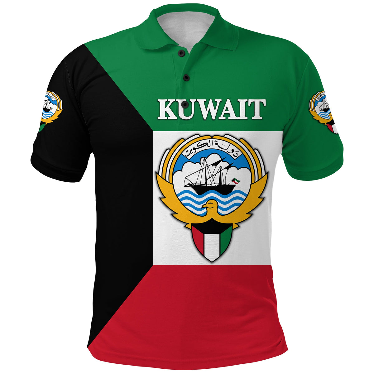 Kuwait flag-style polo shirt, green/black/red panels, 'KUWAIT' front and crest logo