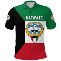 Kuwait flag-style polo shirt, green/black/red panels, 'KUWAIT' front and crest logo