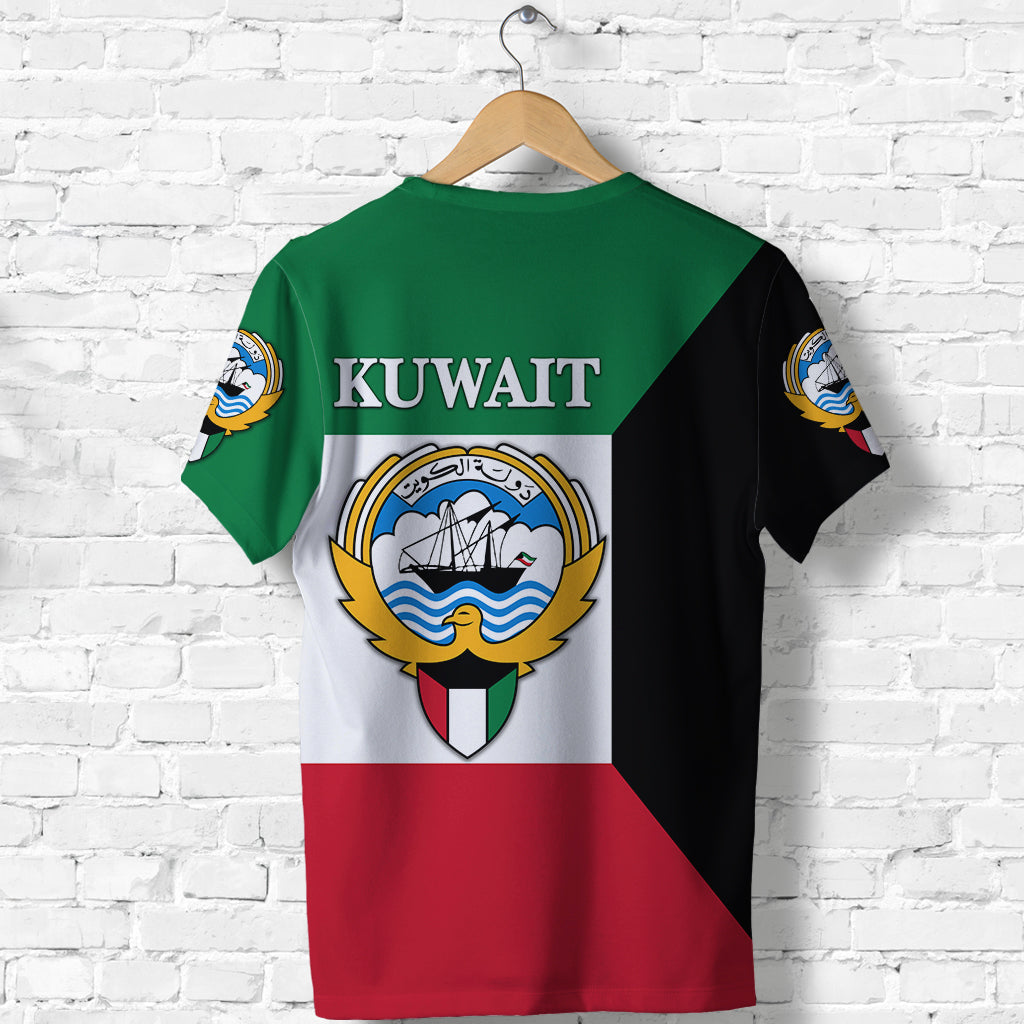 Back view green Kuwait flag T-shirt with KUWAIT text and crest; red/black panels