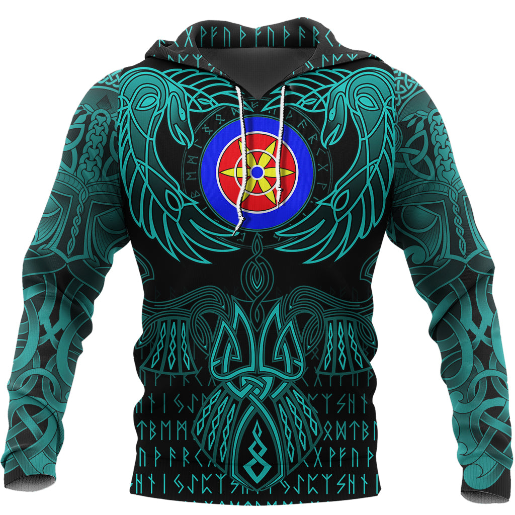 Viking Kven Hoodie Valknut of Odin Cyan RLT12 - Wonder Print Shop