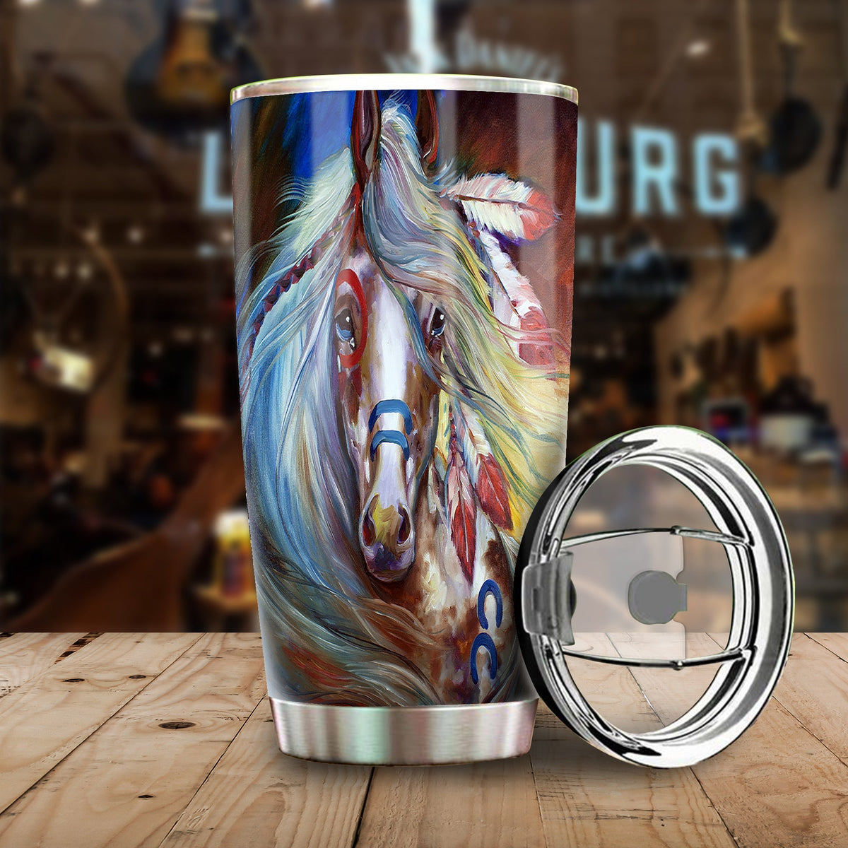 20oz multicolor horse print stainless tumbler with matching flip-top lid