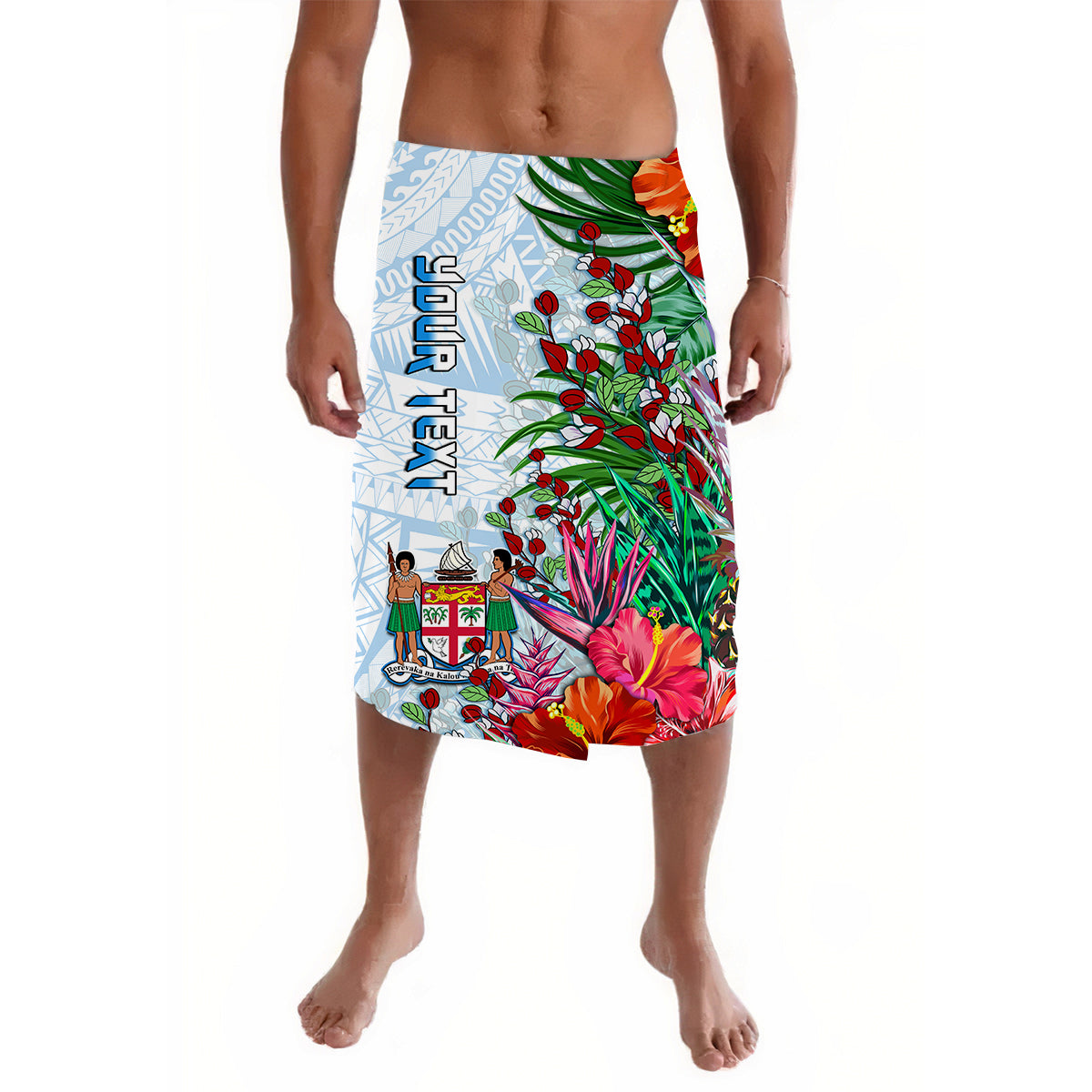 White lavalava skirt with tropical flowers, green leaves and colorful blossoms