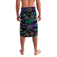 Purple tropical-print lavalava sarong skirt with dancing skeleton figures, side view