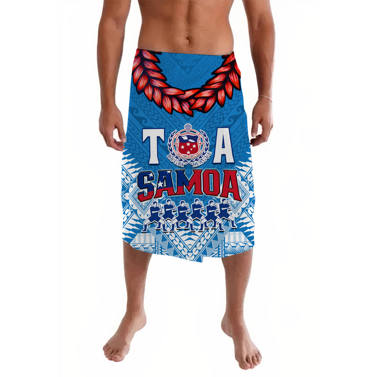 Blue patterned rugby lavalava skirt with Samoa crest and bird wreath graphic