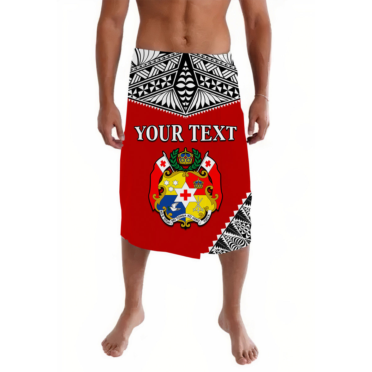 Red lavalava wrap with black and white geometric band and crest graphic, custom text area