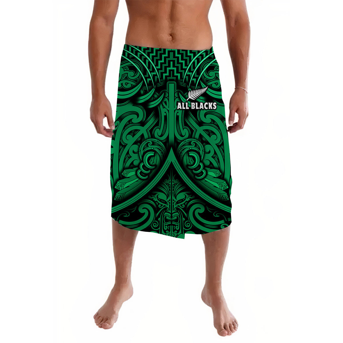 Green rugby lavalava with All Blacks emblem and Maori pattern