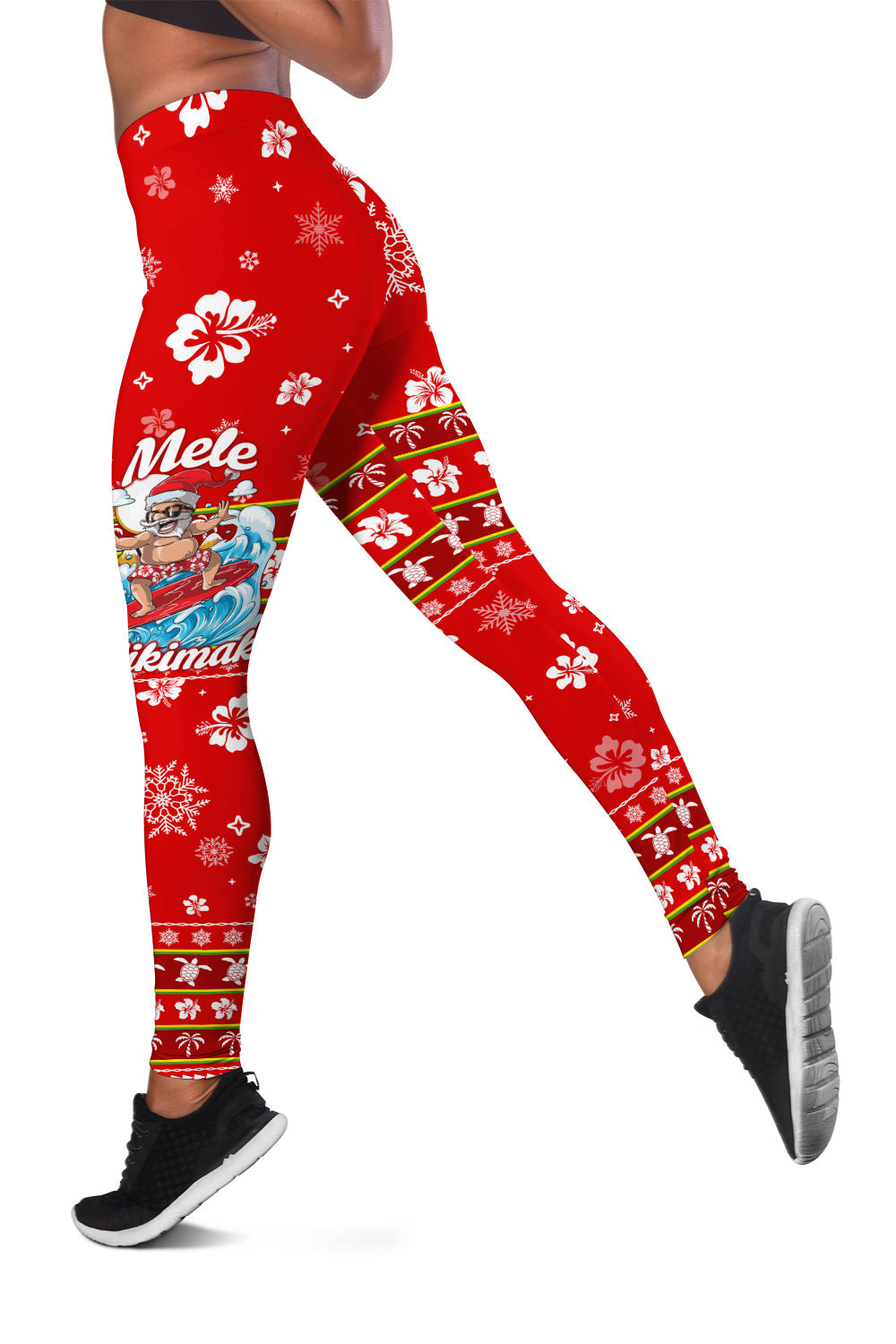 Women's red leggings with white floral snowflake print and striped band