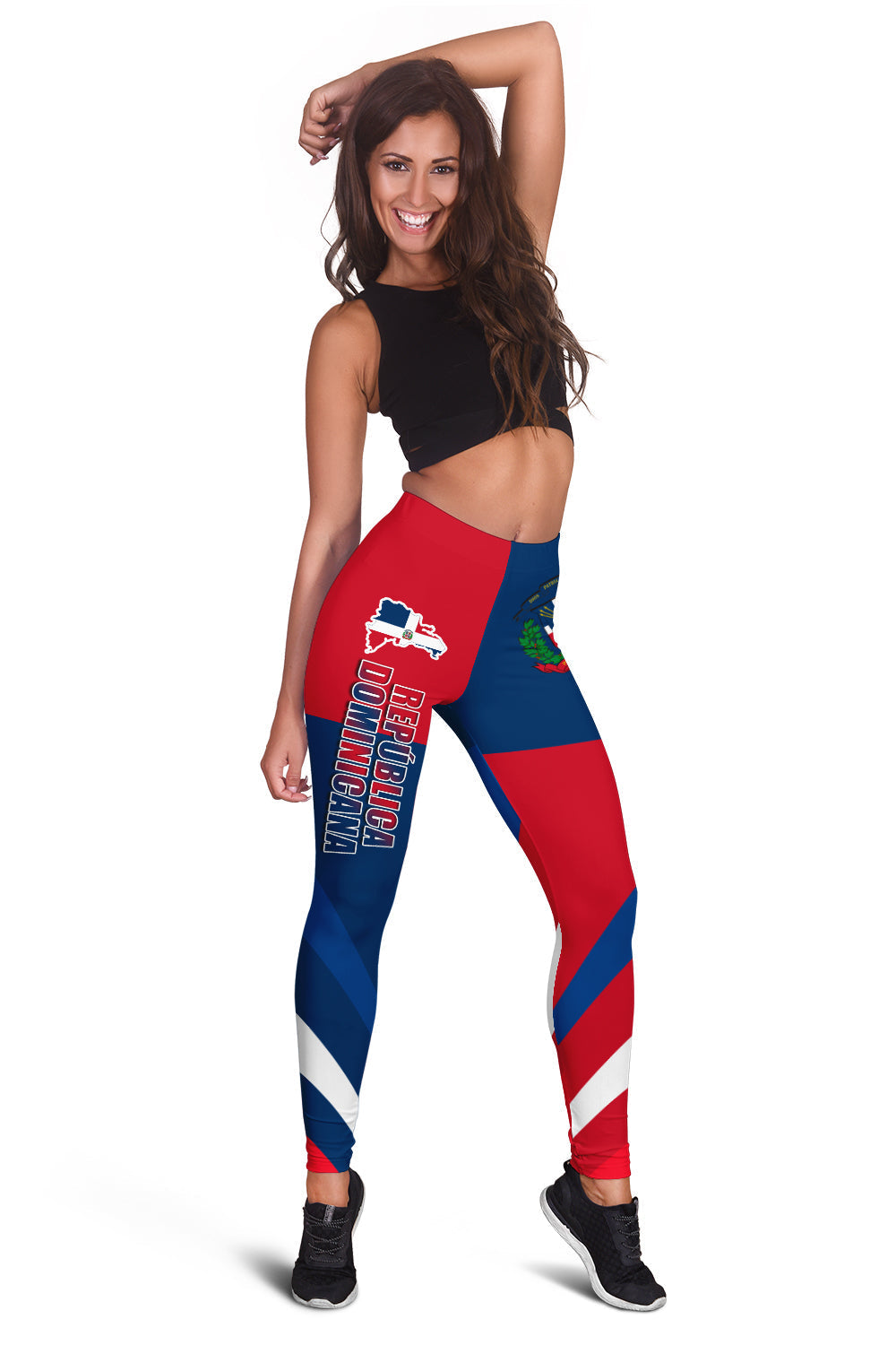 Women’s leggings with Dominican Republic flag print in red, blue, and white