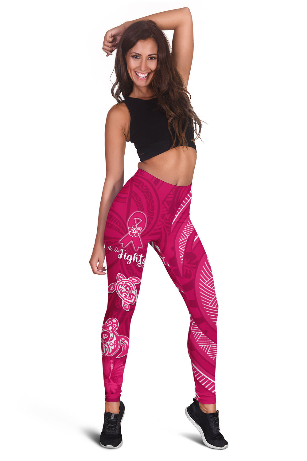 Pink women’s leggings with white tribal pattern and ribbon graphic, full-length
