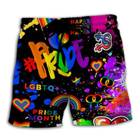 LGBT pride Hawaiian shorts, black with colorful rainbow hearts and graphic print