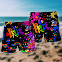 LGBT pride Hawaiian shorts, black fabric with rainbow and heart graphic print (pair)