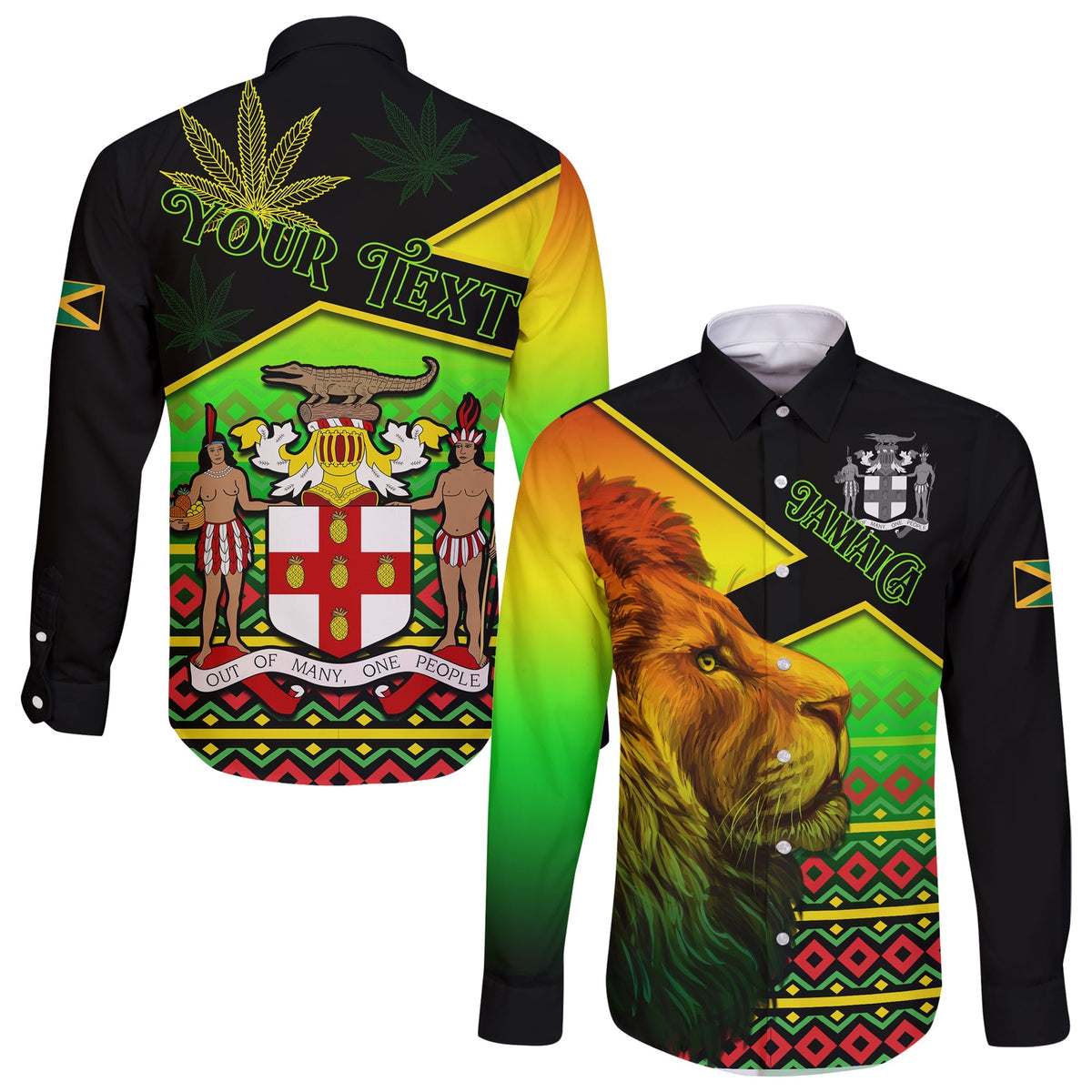 Unisex long-sleeve button shirt with multicolor Jamaica lion back graphic on dark fabric