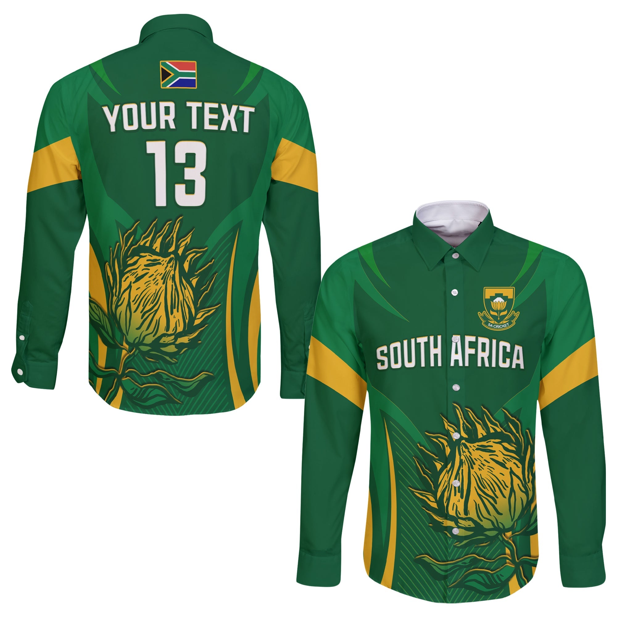 (Custom Text and Number) South Africa Cricket Long Sleeve Button Shirt Proteas Champion LT13 - Wonder Print Shop