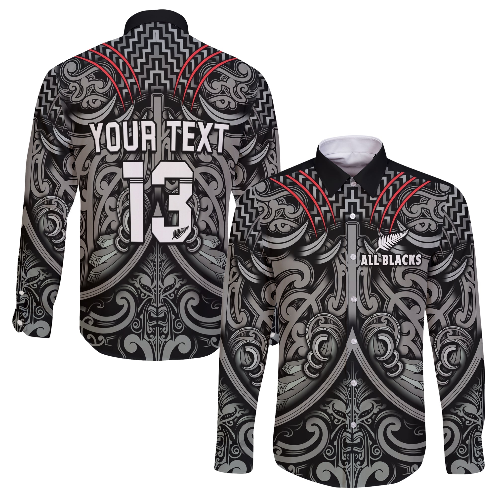 Custom Text and Number New Zealand Silver Fern Rugby Long Sleeve Button Shirt All Black NZ Maori Pattern LT13 - Wonder Print Shop