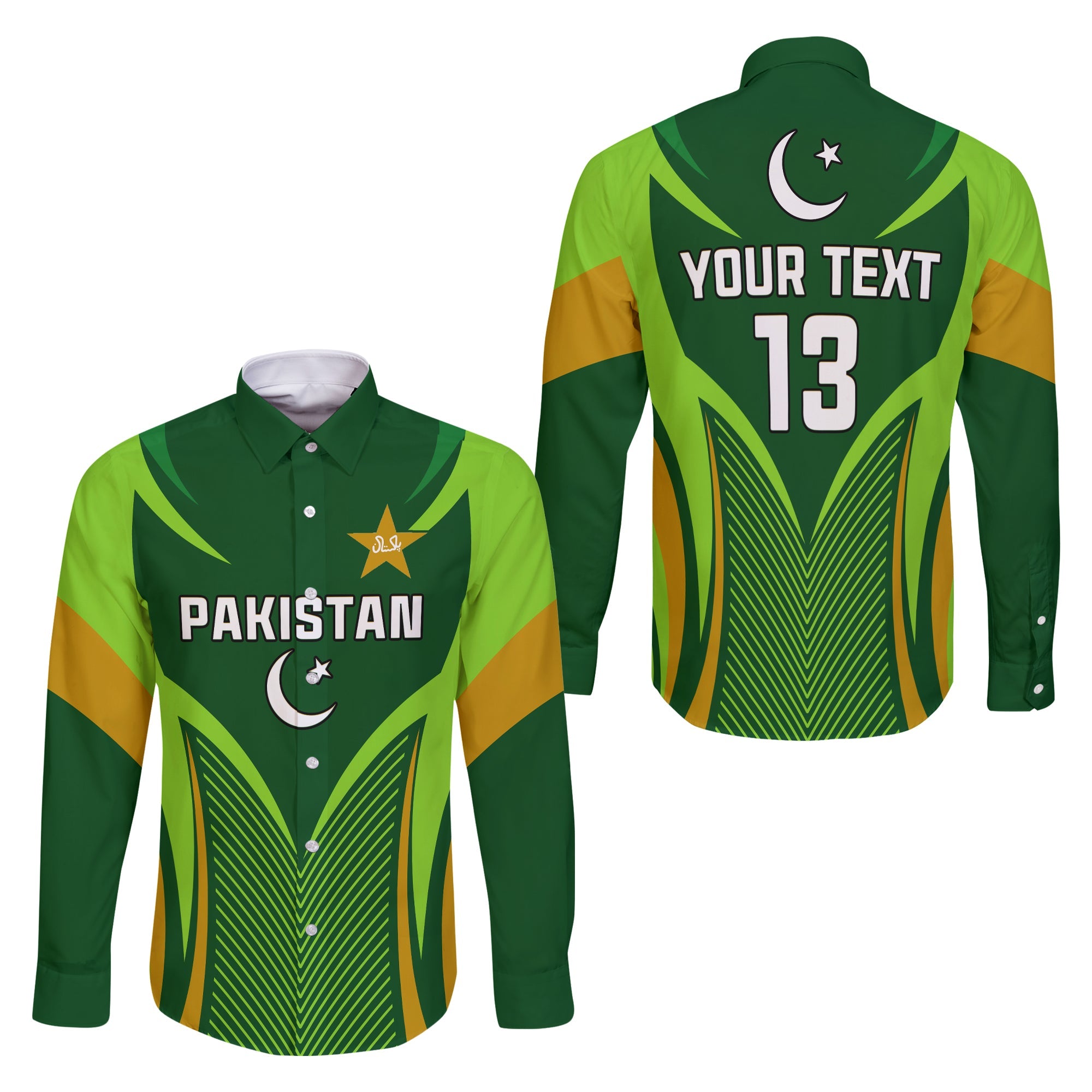 custom-text-and-number-pakistan-cricket-long-sleeve-button-shirt-green-shaheens-champion