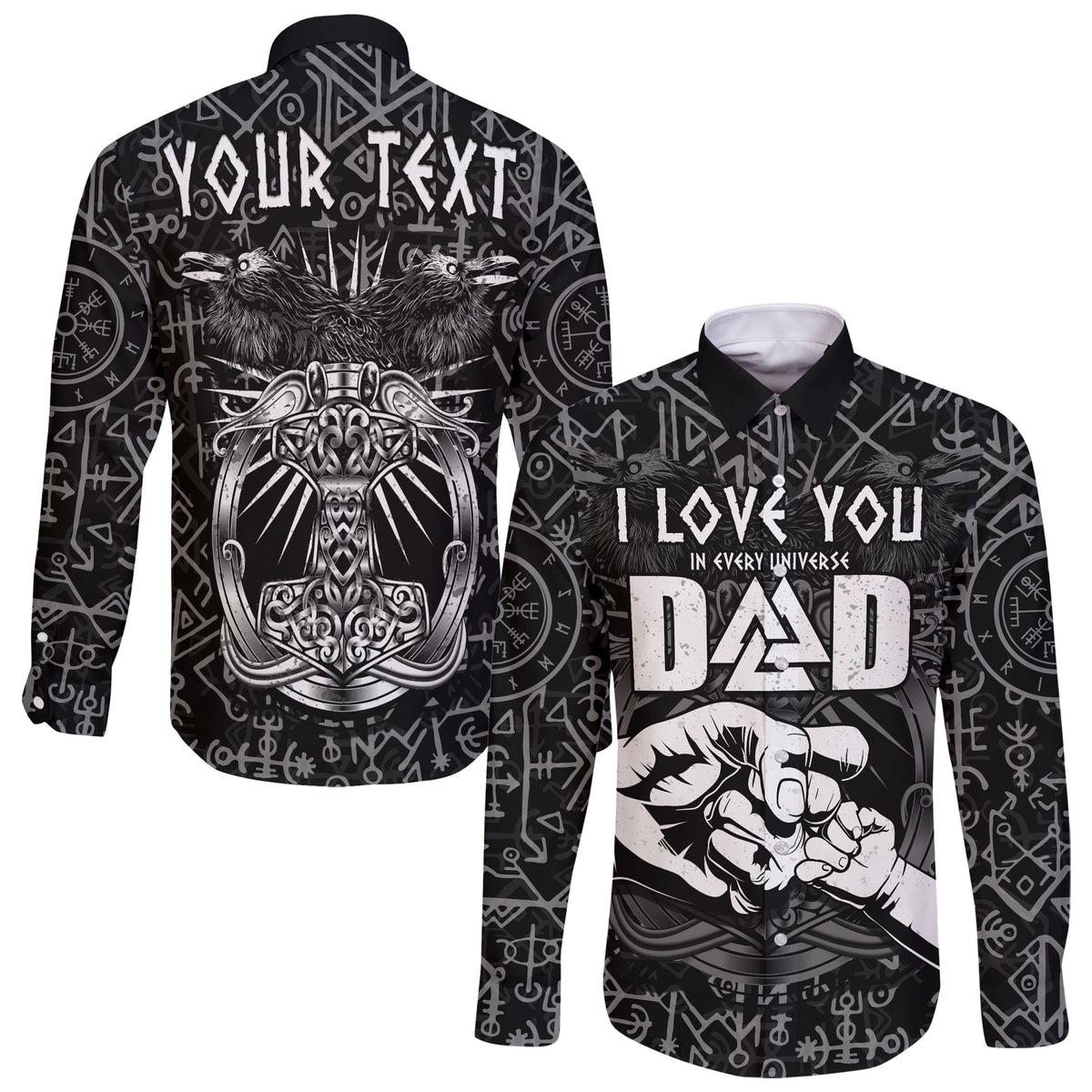 Black long-sleeve button shirt with Viking bear and rune pattern, unisex