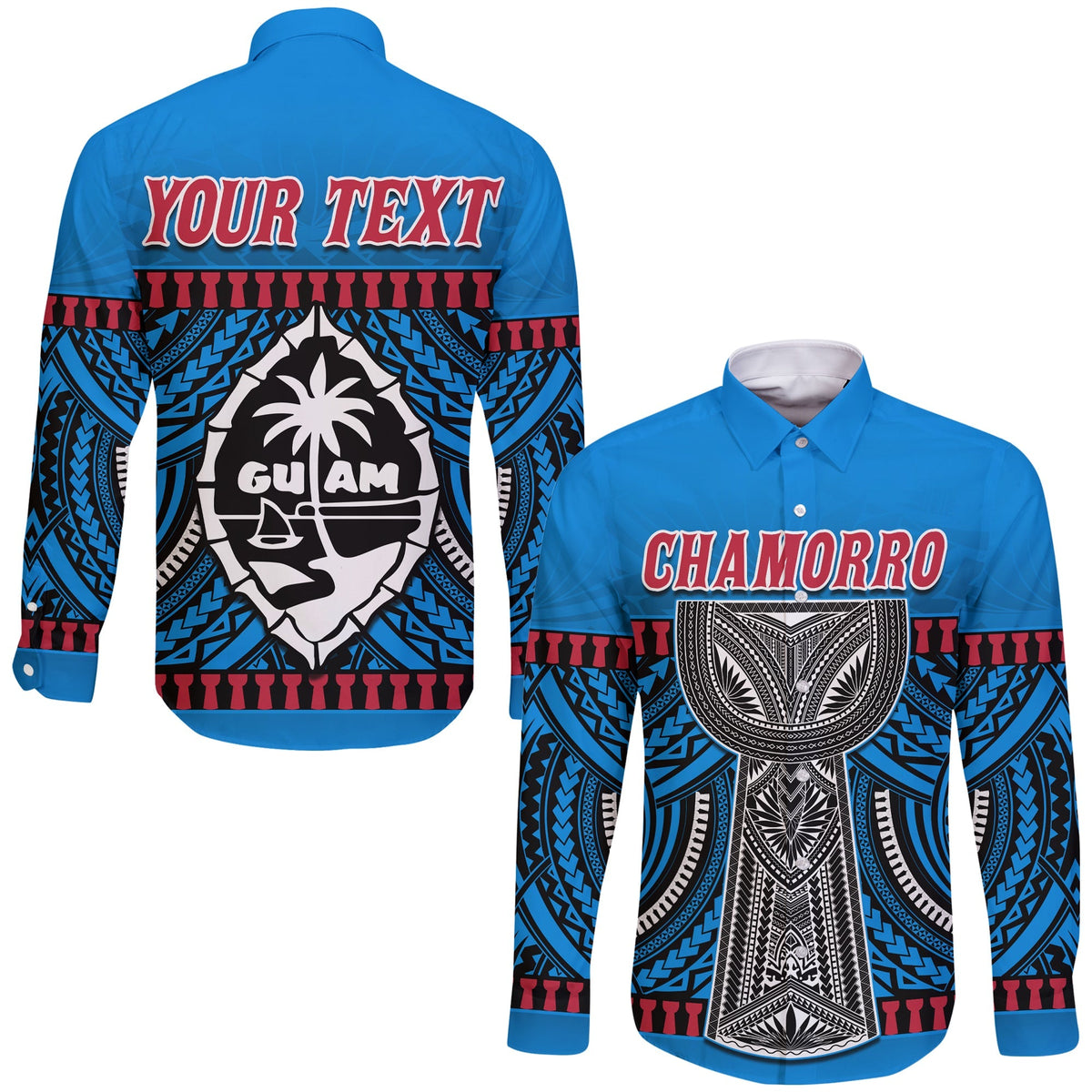 Blue long-sleeve button shirt, back YOUR TEXT and Guam face emblem