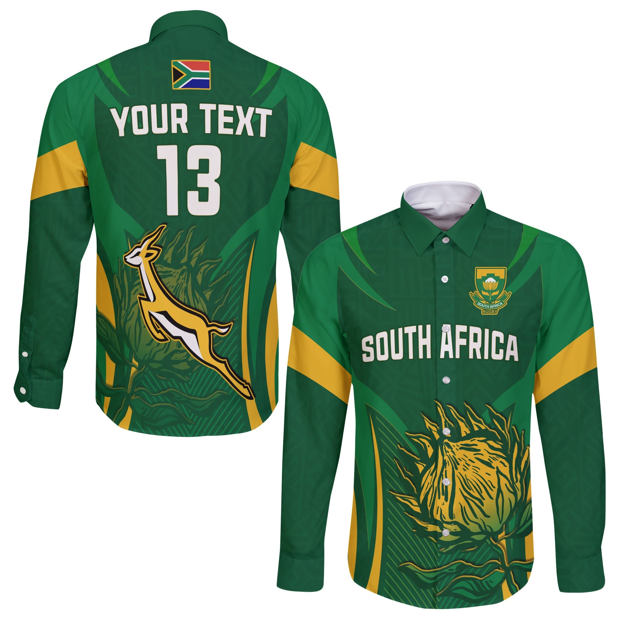 (Custom Text and Number) South Africa Rugby Long Sleeve Button Shirt Springboks Champion LT13 - Wonder Print Shop