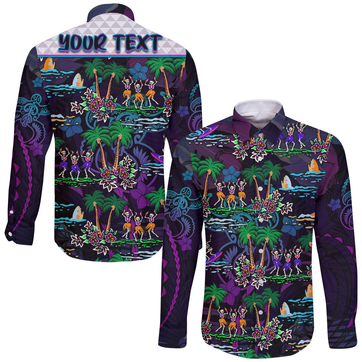 Purple long sleeve button-up shirt with Hawaiian skeleton dance print; 'YOUR TEXT' on back.