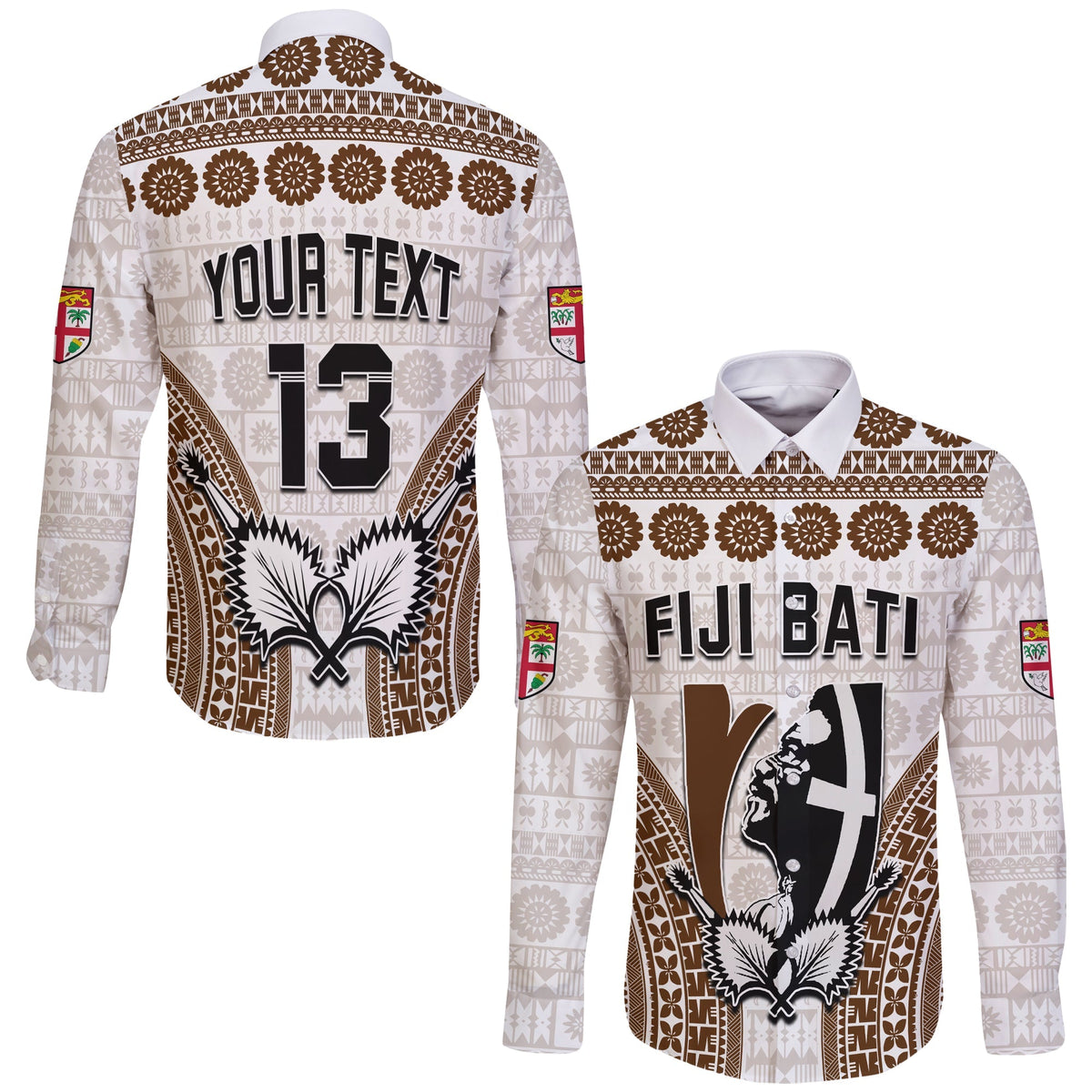 White rugby button shirt with tapa pattern; back "YOUR TEXT" and number 13