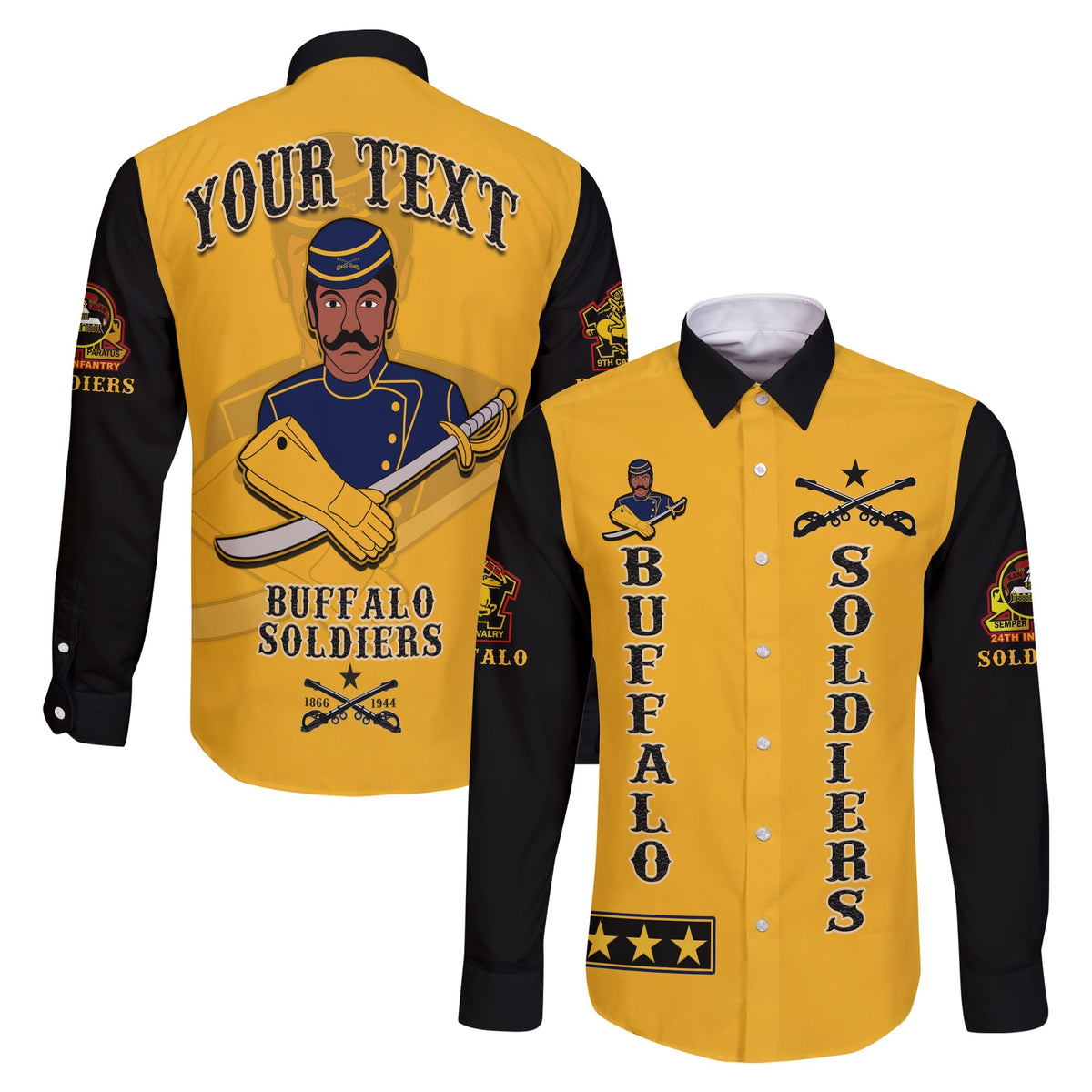Langarmhemd mit Knöpfen, gold und schwarz, „YOUR TEXT“ auf dem Rückenprint