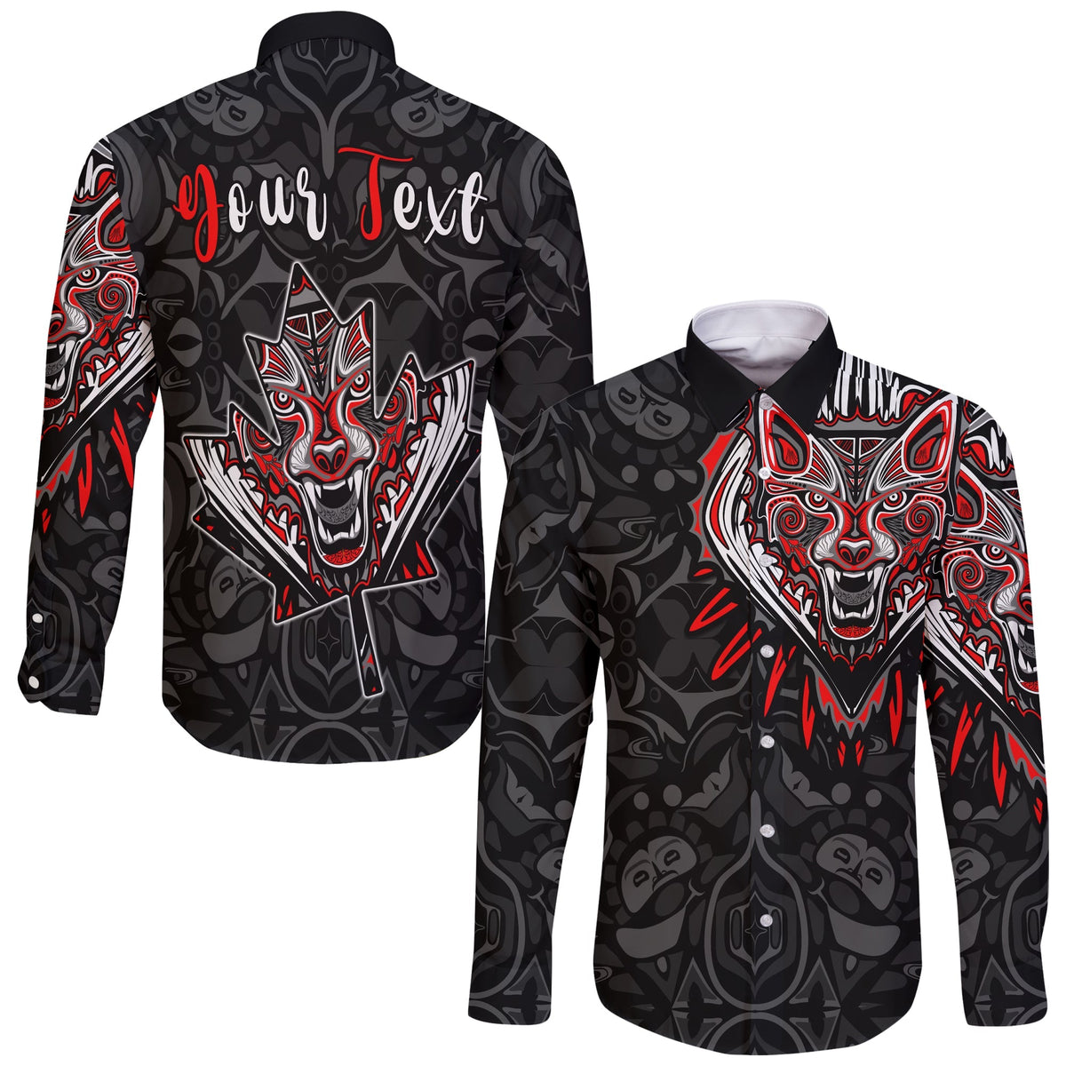 Black button shirt, back 'Your Text' and red/white wolf graphic