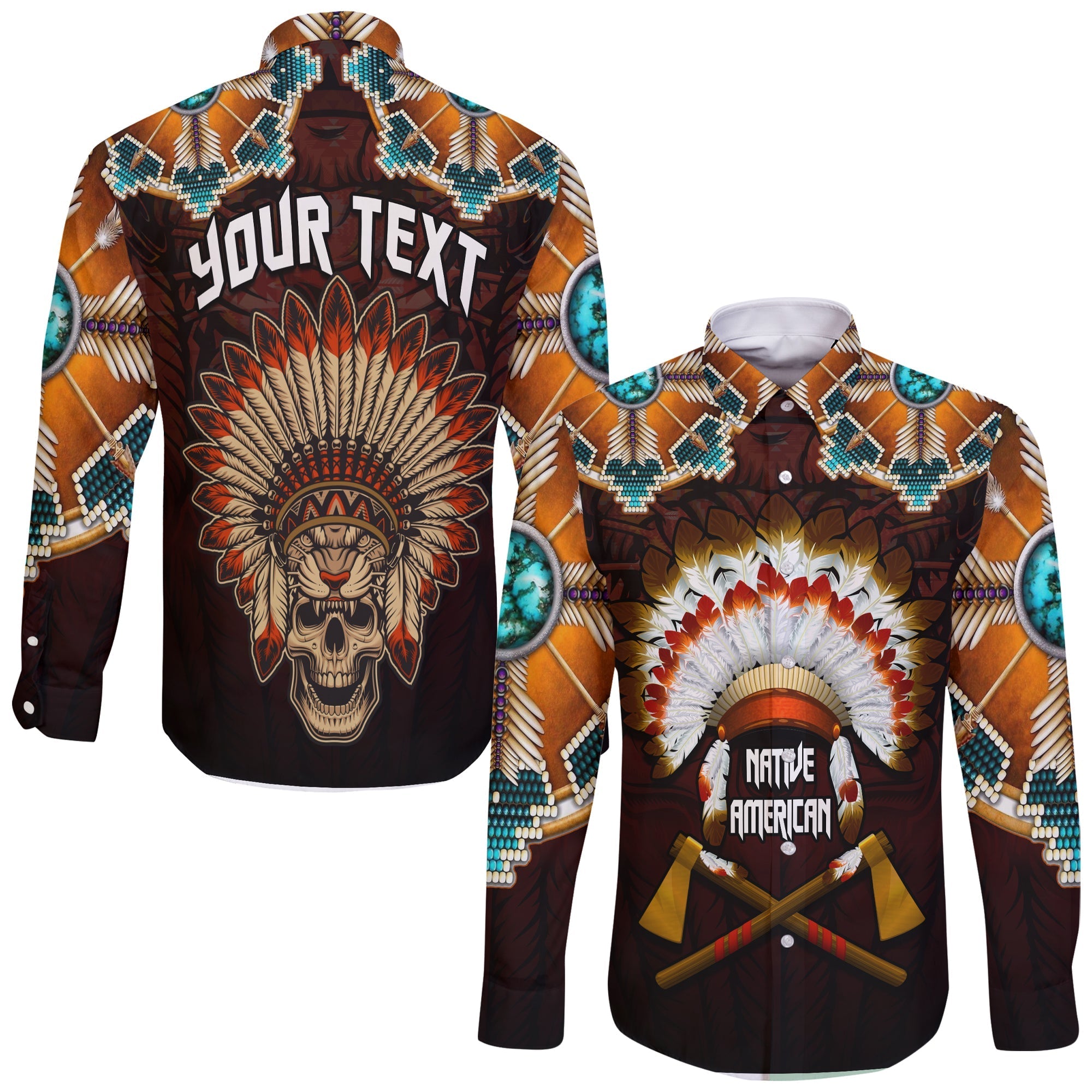 (Custom Personalised) The First Americans Long Sleeve Button Shirt Indian Headdress With Skull LT13 - Wonder Print Shop