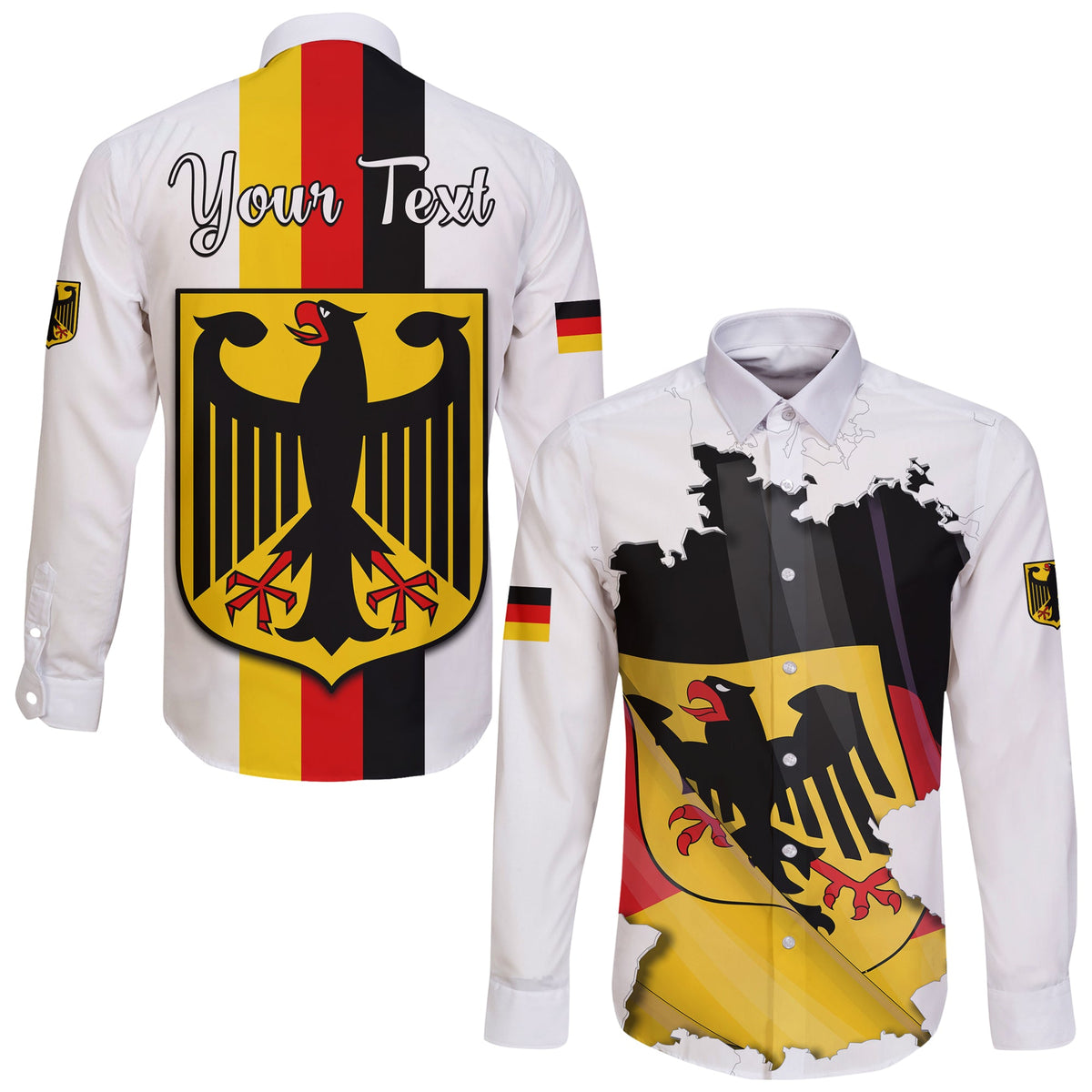 White long-sleeve button shirt with Germany flag stripes and large eagle crest, your text