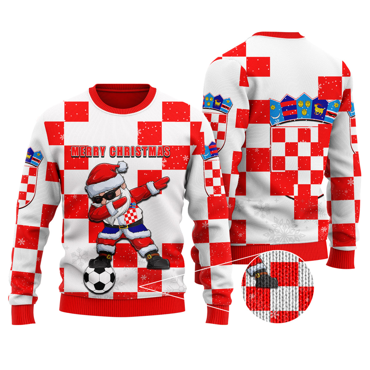 Christmas knitted sweater in white/red with dabbing Santa, soccer ball, and 'Merry Christmas' text.