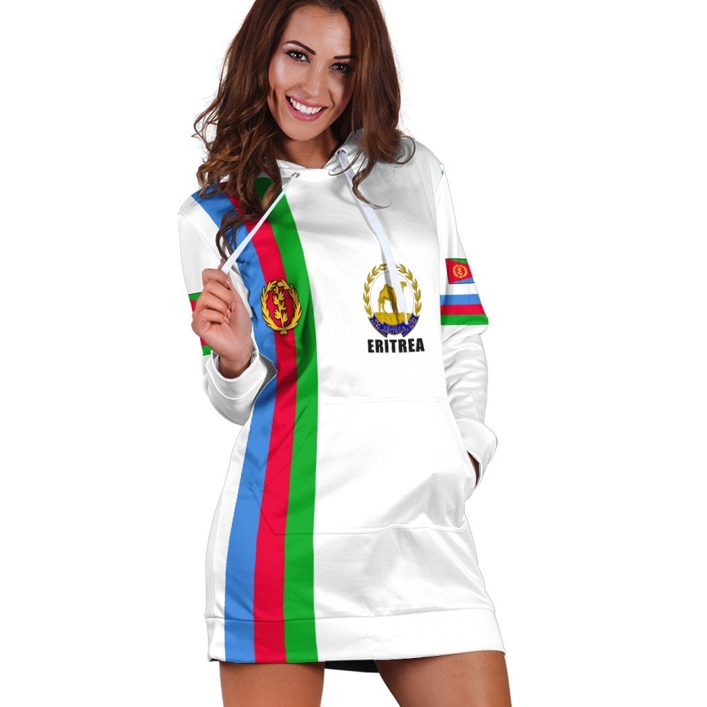 White hoodie dress, Eritrea emblem and flag-striped panel with kangaroo pocket