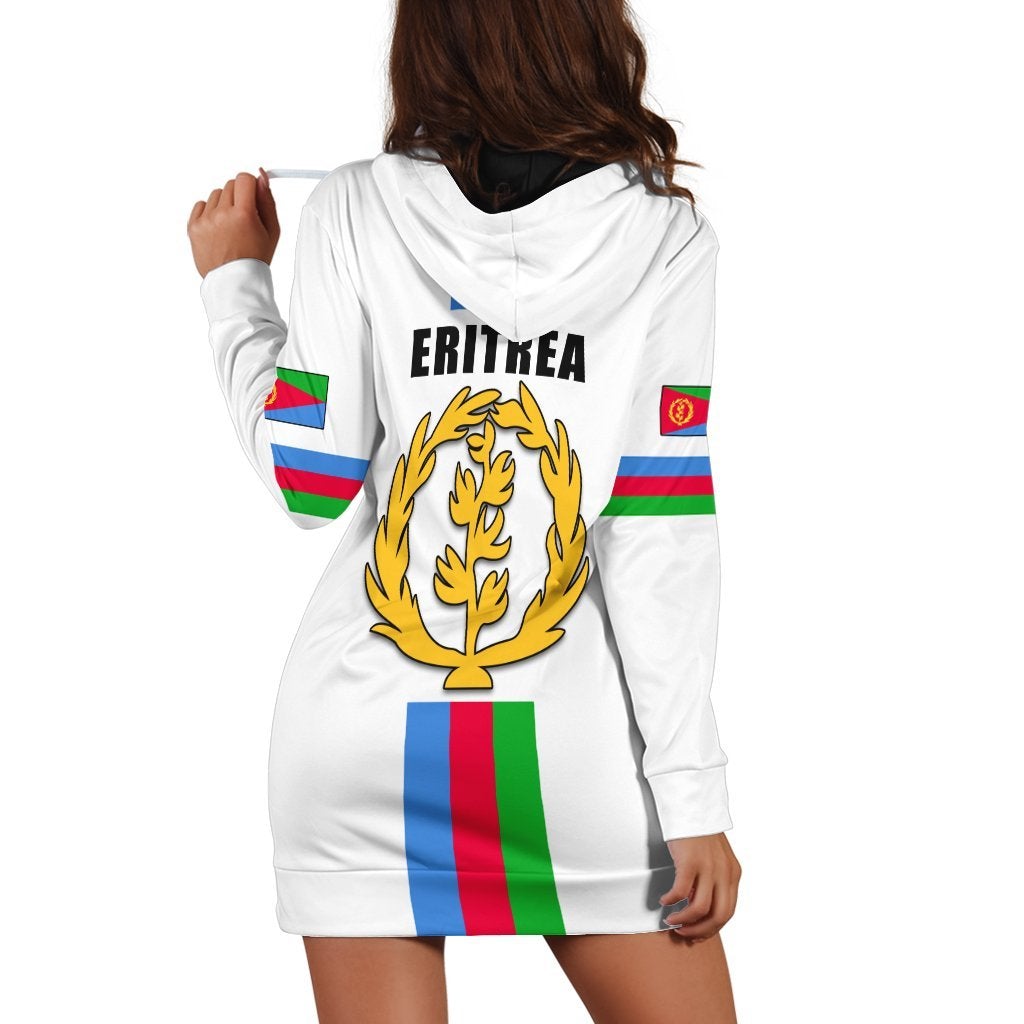 White hoodie dress back with large Eritrea crest, ERITREA text, flag sleeve panels