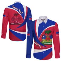 Unisex long-sleeve button shirts with Haiti flag print; custom text on back