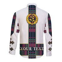 Back view: white long-sleeve button shirt with lion emblem and 'YOUR TEXT' bar