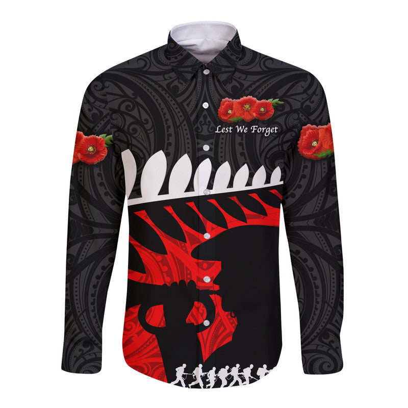 Black long-sleeve button shirt with poppies, soldier graphic and Lest We Forget