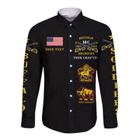 Black unisex long-sleeve button shirt, front graphic with US flag and gold lettering