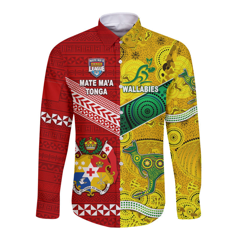 (Custom Personalised) Mate Ma'a Tonga Ngatu And Australia Wallabies Aboriginal Hawaii Long Sleeve Button Shirt Rugby Together LT8 - Wonder Print Shop