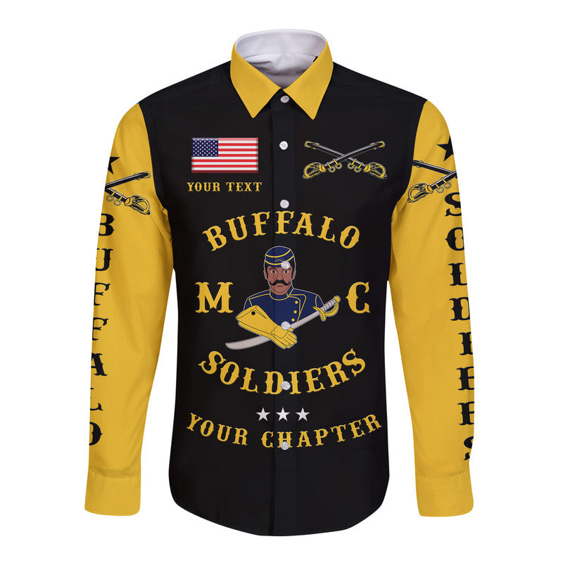 Black long-sleeve button shirt, yellow collar and cuffs, front graphic with text