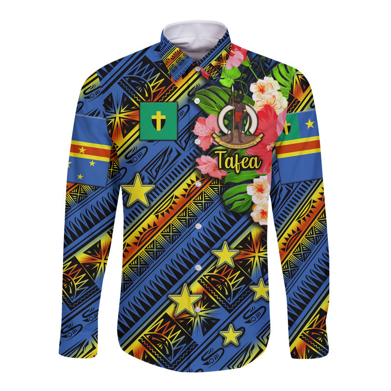 Blue long-sleeve button shirt with colorful geometric pattern and floral 'Tafea' graphic