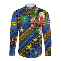 Blue long-sleeve button shirt with colorful geometric pattern and floral 'Tafea' graphic