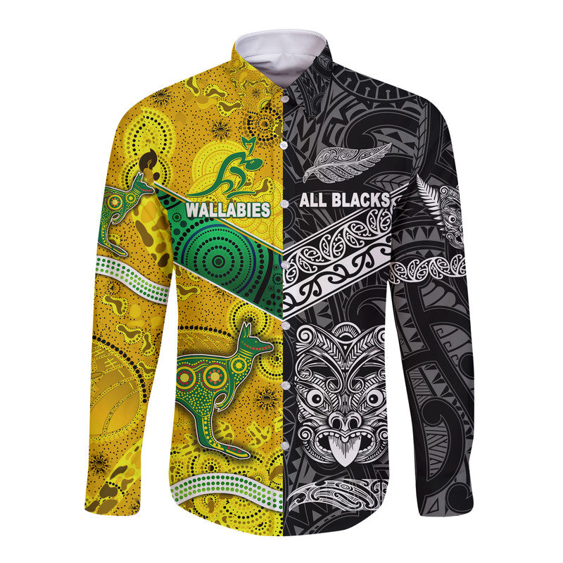 New Zealand Maori All Black And Australia Wallabies Aboriginal Hawaii Long Sleeve Button Shirt Rugby Together LT8 - Wonder Print Shop