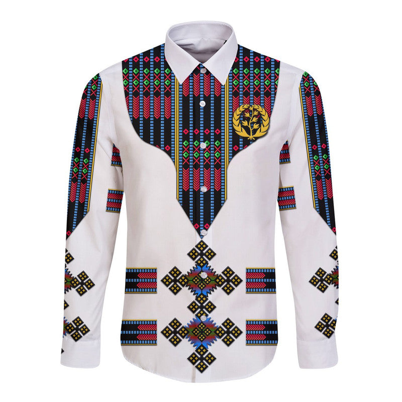 White long-sleeve button shirt with geometric stripe print and lion emblem