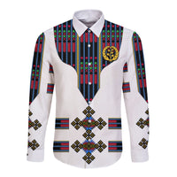 White long-sleeve button shirt with geometric stripe print and lion emblem