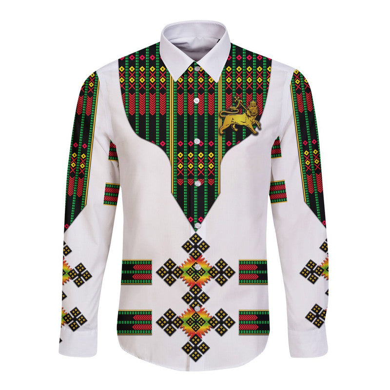 White long-sleeve button shirt, Ethiopian lion print with patterned panels