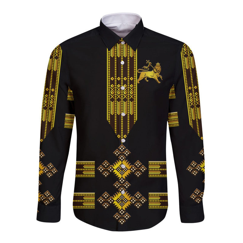 Black long-sleeve button shirt with gold/yellow Ethiopian lion and pattern front