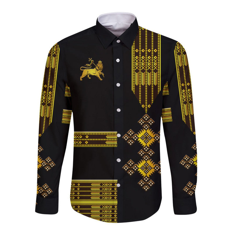Black long-sleeve button shirt with gold lion and Ethiopian pattern panels