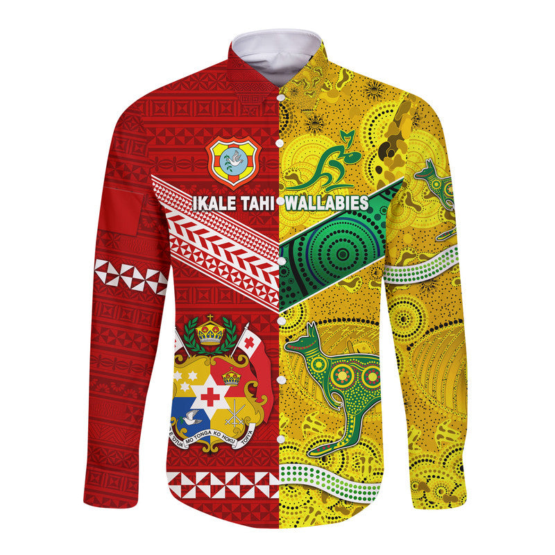 Unisex long sleeve button shirt with red and yellow patterned panels, button front