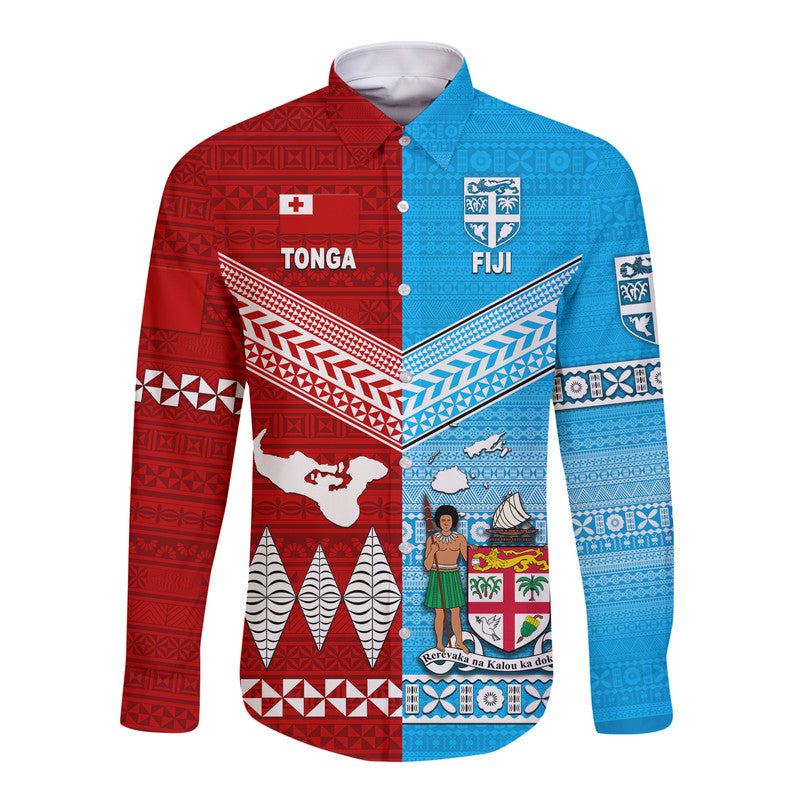 Blue and red long sleeve button shirt with patterned front panel