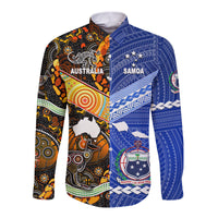 Blue and dark button-up long sleeve shirt with AUSTRALIA and SAMOA tribal prints
