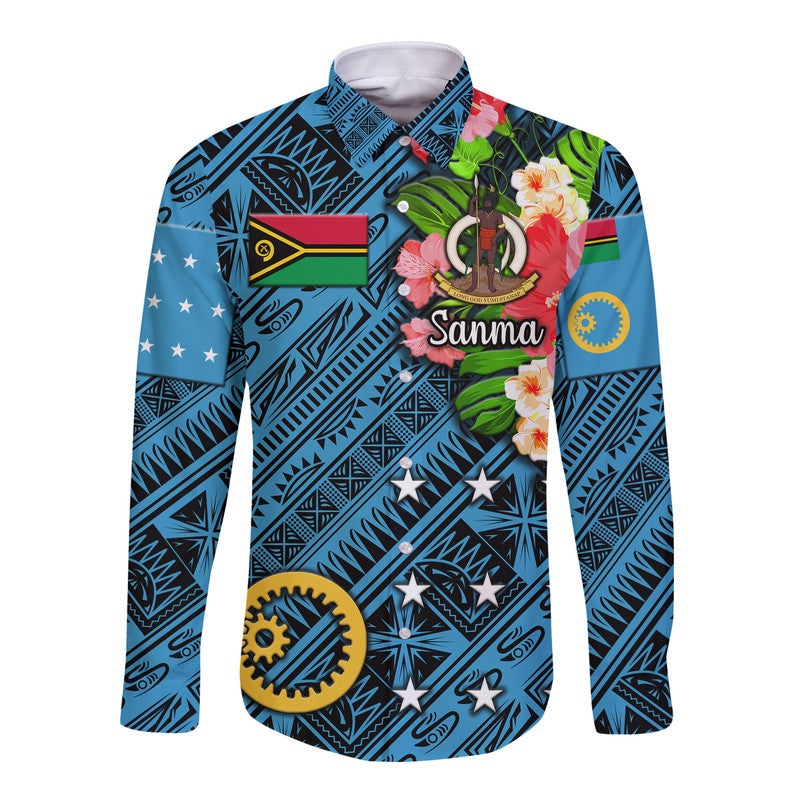 Blue long-sleeve button shirt with Sanma graphic, flowers, stars, and patterned motifs